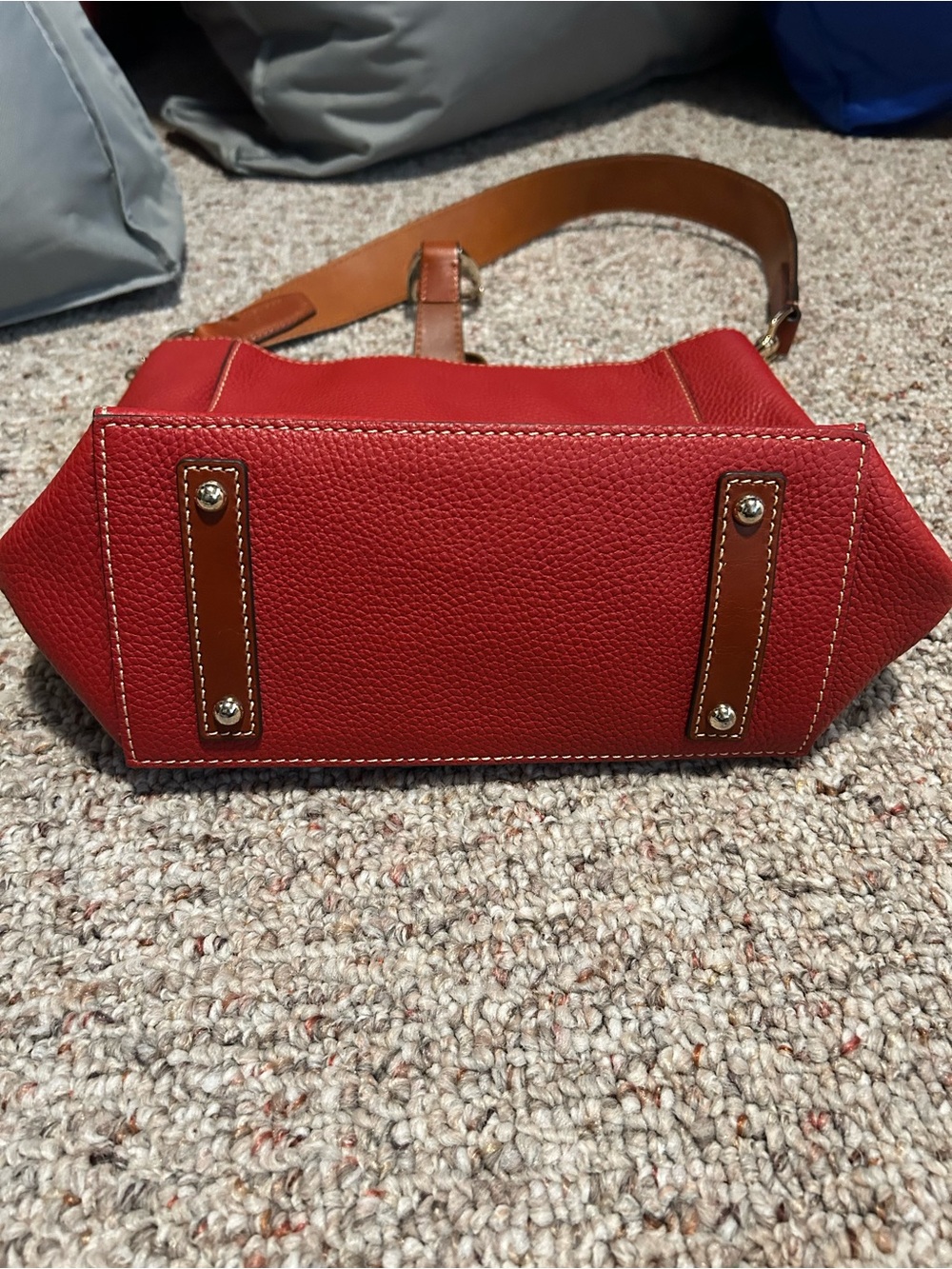 Dooney & Bourke Red Pebbled Leather Shoulder Bag with Brown Trim